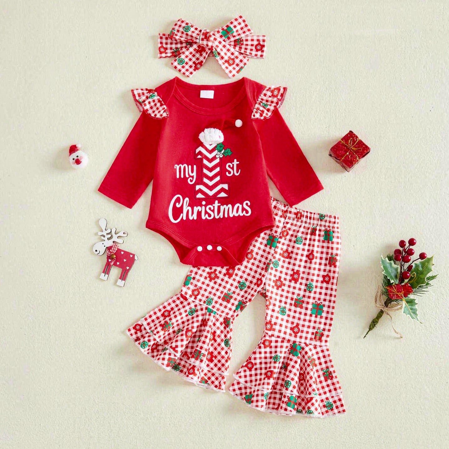 3PCS Sweet My 1st Christmas Letter Plaid Printed Long Sleeve Baby Set