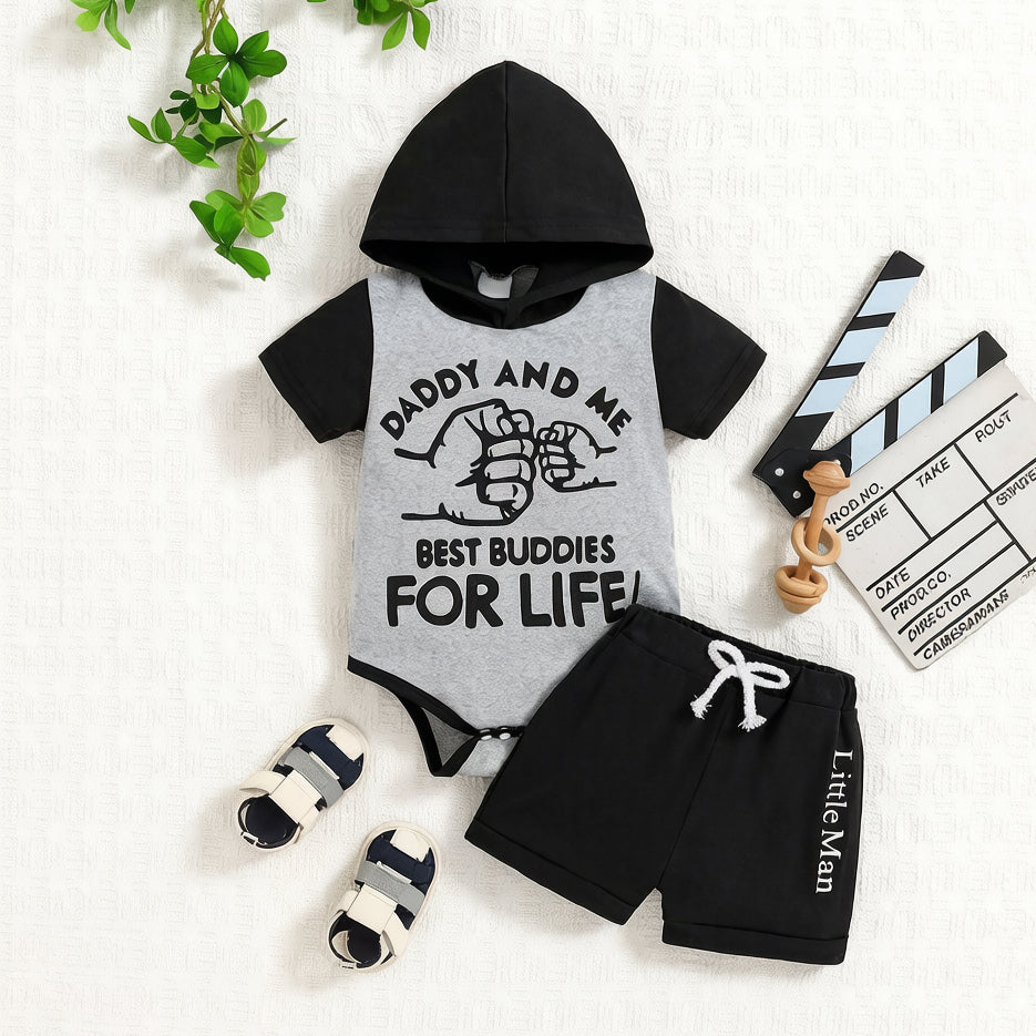 2PCS Daddy And Me Best Buddies For Life Letter Print Hooded Baby Boy Set