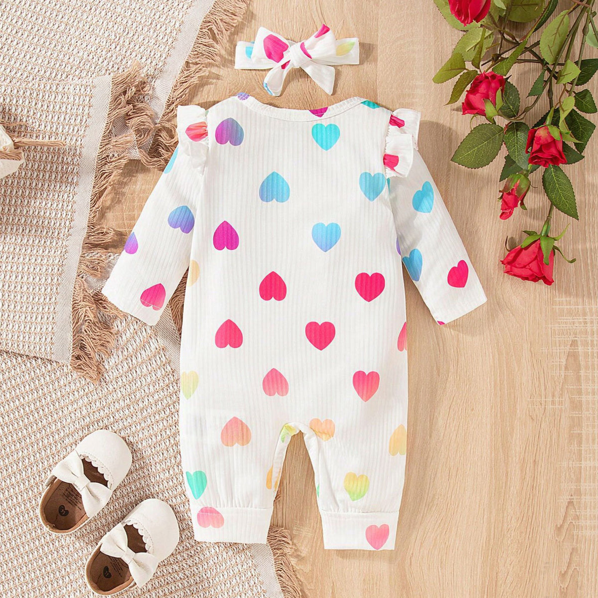 2PCS Dreamy Allover Heart Print Long Sleeve Baby Jumpsuit