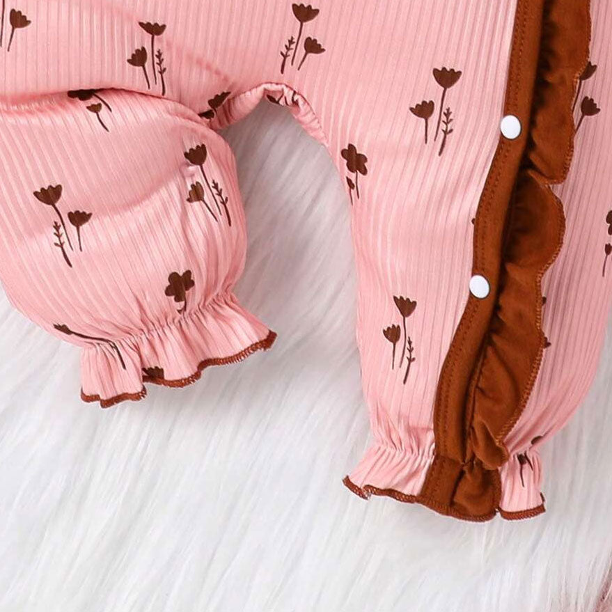 2PCS Romantic Floral Printed Ruffle Long Sleeve Baby Girl Jumpsuit