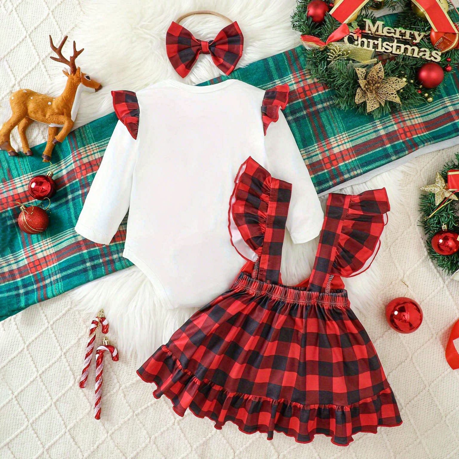 3PCS Merry Christmas Letter Plaid Print Long Sleeve Baby Dress Set