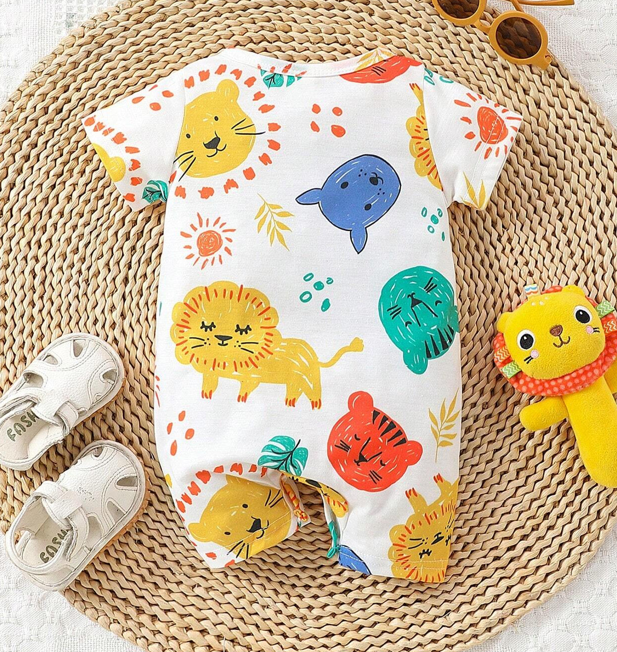 Cute Cartoon Animals Printed Short Sleeve Baby Jumpsuit