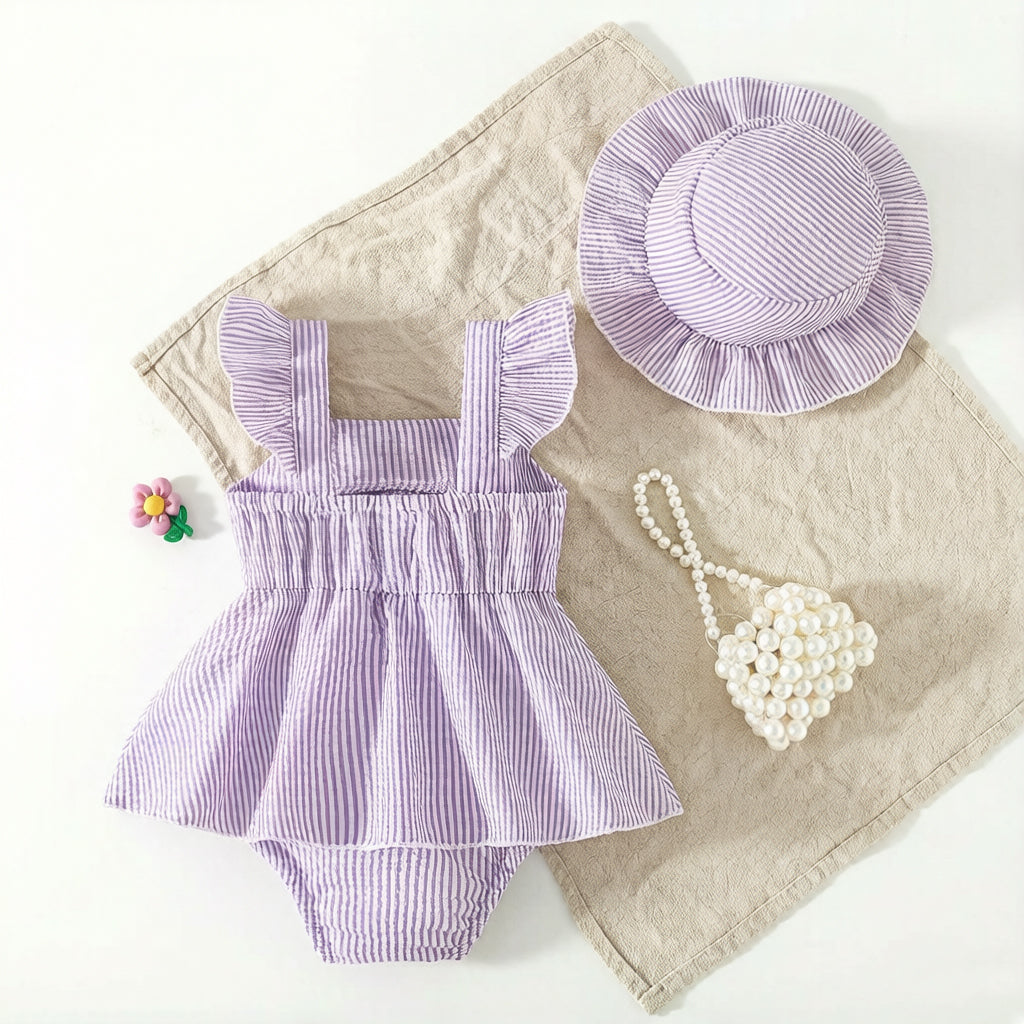 2PCS Cute Stripe Print Flutter Sleeve Baby Romper