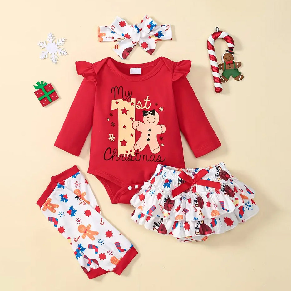 4PCS My 1st Christmas Letter Gingerbread Printed Long Sleeve Baby Set