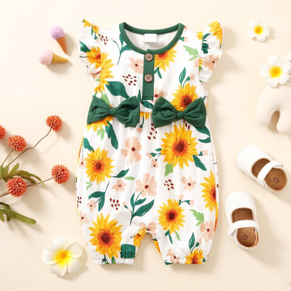 Fresh Sunflower Printed Flounce Sleeve Baby Jumpsuit