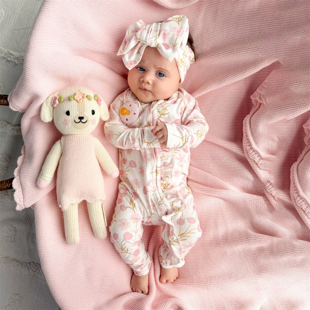 2PCS Soft Floral Printed Frill Zip Long Sleeve Baby Jumpsuit