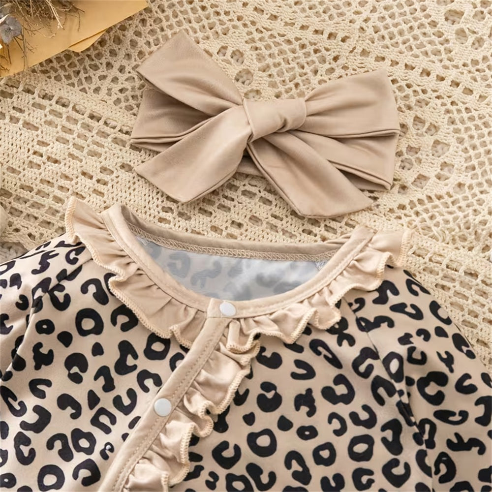 2PCS Adorable Leopard Print Ruffle Long Sleeve Baby Jumpsuit