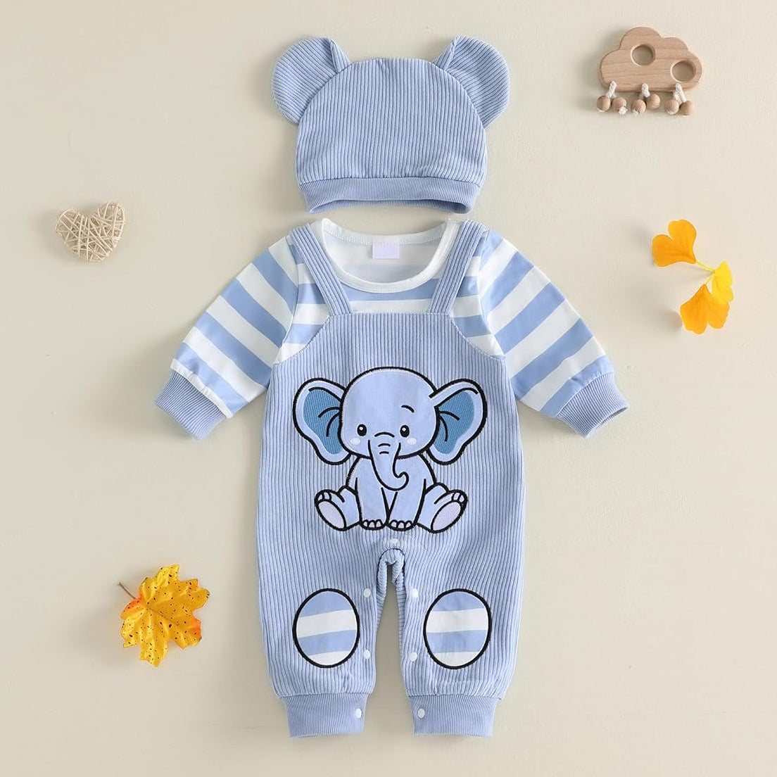 2PCS Cute Elephant Print Striped Long Sleeve Baby Jumpsuit