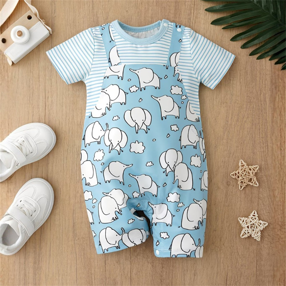 Summer Elephant Printed Striped Short Sleeve Baby Jumpsuit