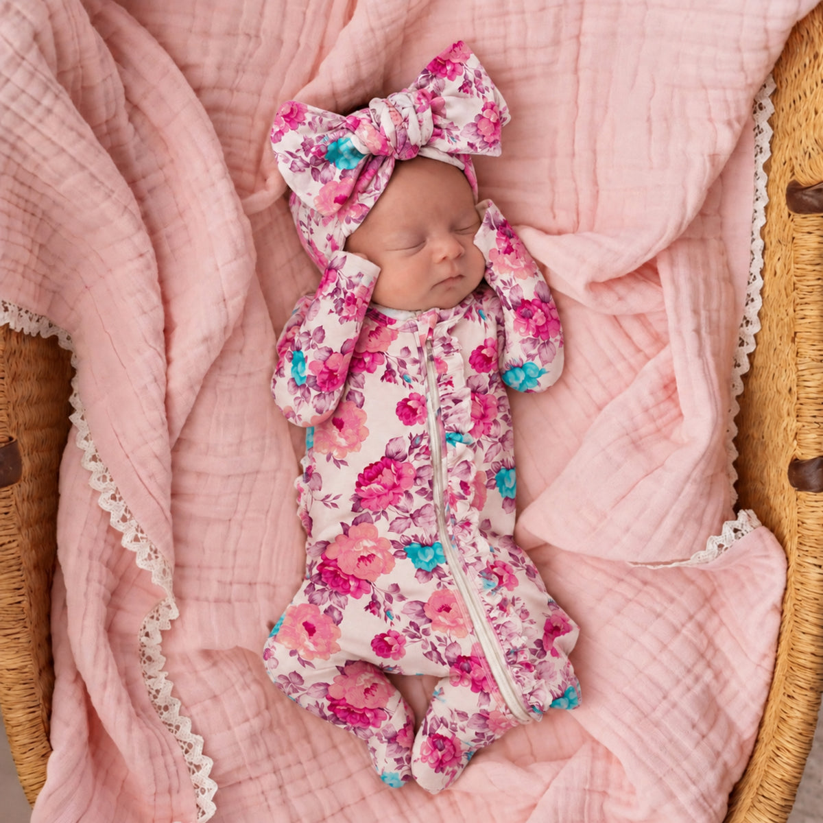 2PCS Vivid Floral Print Long Sleeve Zipper Baby Girl Jumpsuit