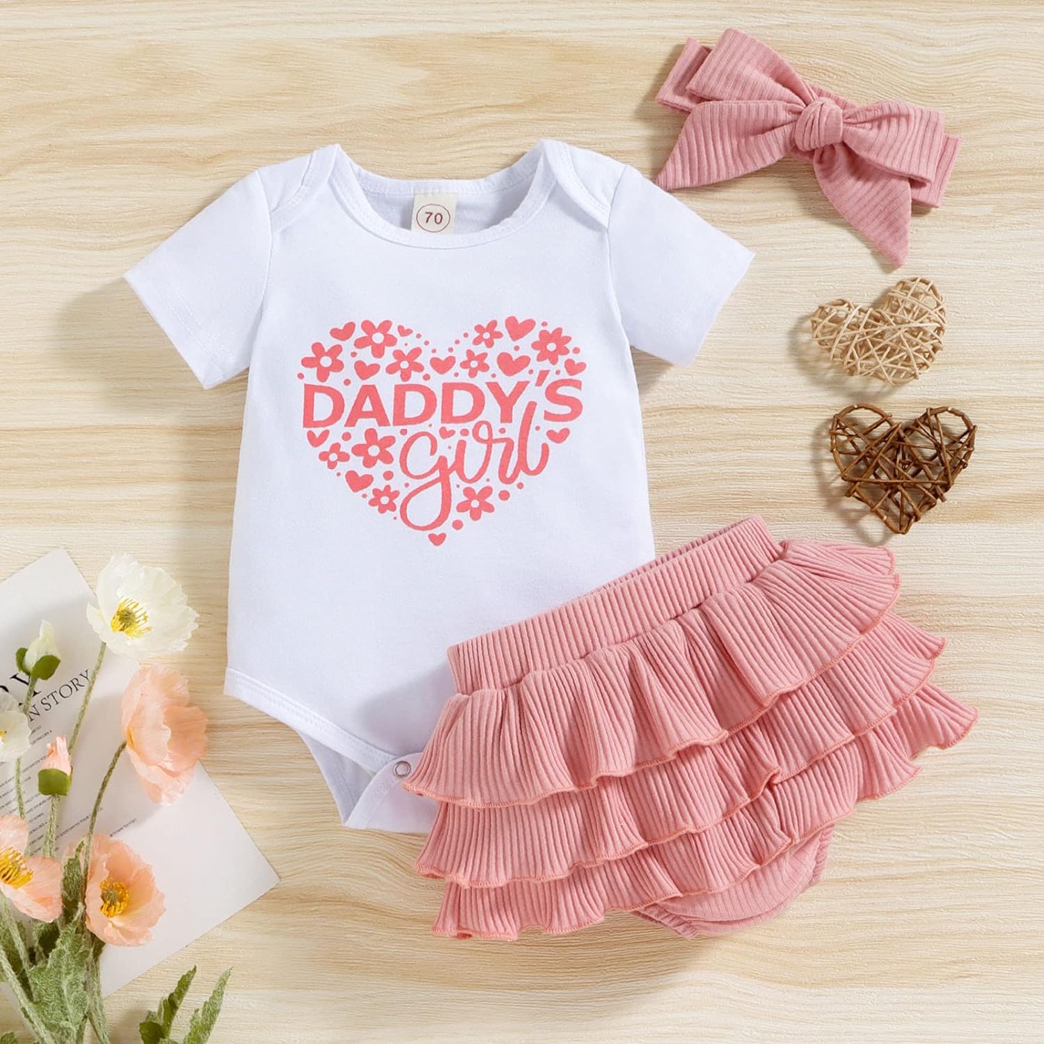 3PCS Daddy's Girl Letter Heart Printed Baby Romper Set