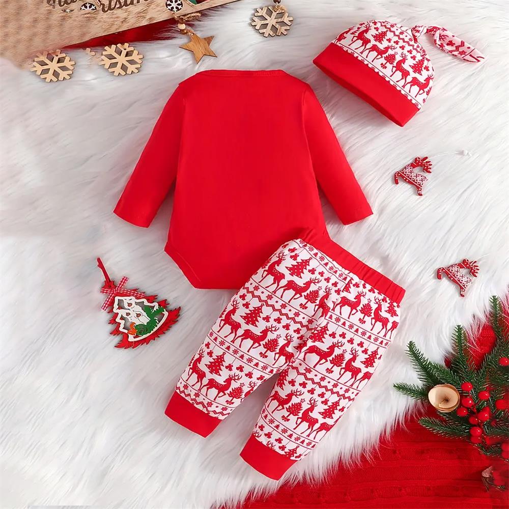 3PCS Happy New Year Letter Elk Print Long Sleeve Baby Set