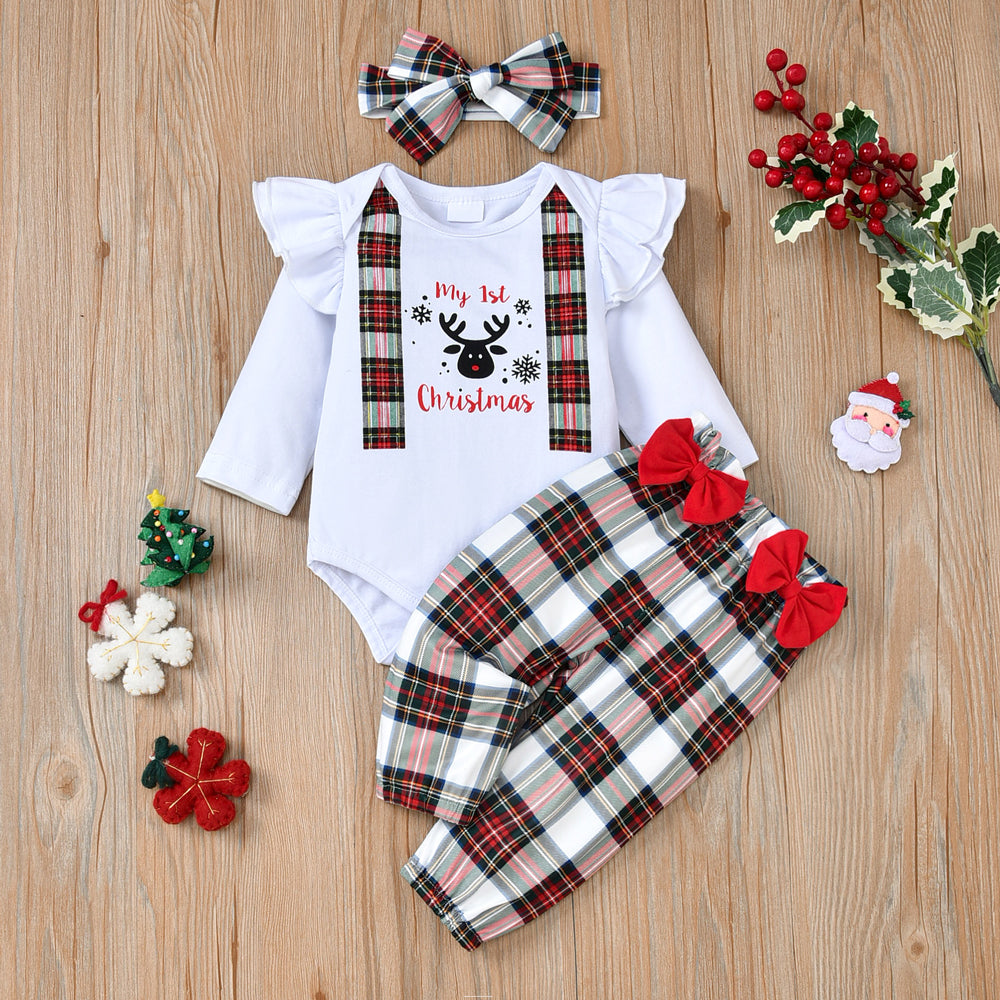 3PCS My 1st Christmas Letter Reindeer Plaid Print Baby Girl Set