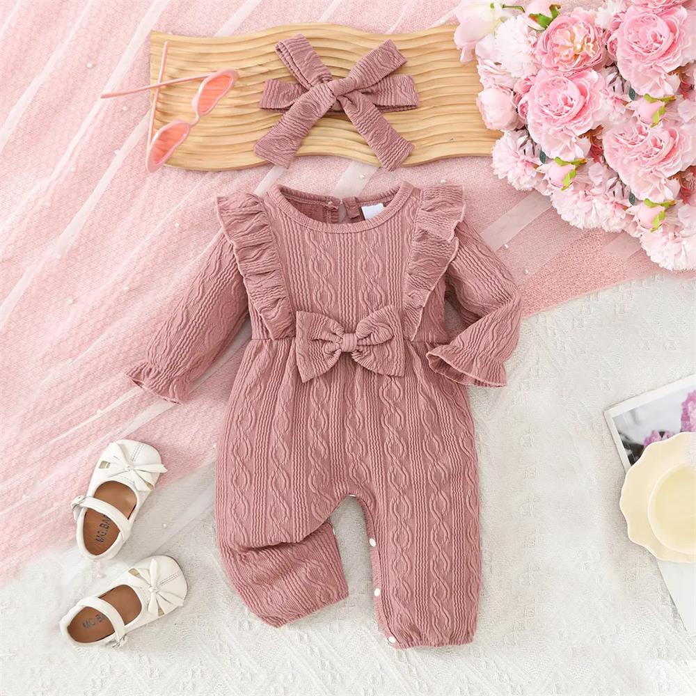 2PCS Fashion Solid Color Bow Long Sleeve Baby Jumpsuit