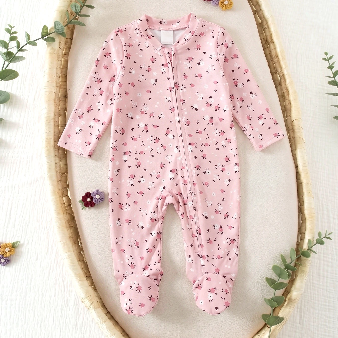 2PCS Bubbly Floral Printed Zipper Long Sleeve Baby Jumpsuit