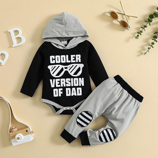 2PCS Cooler Version of Dad Letter Print Long Sleeve Hooded Baby Set