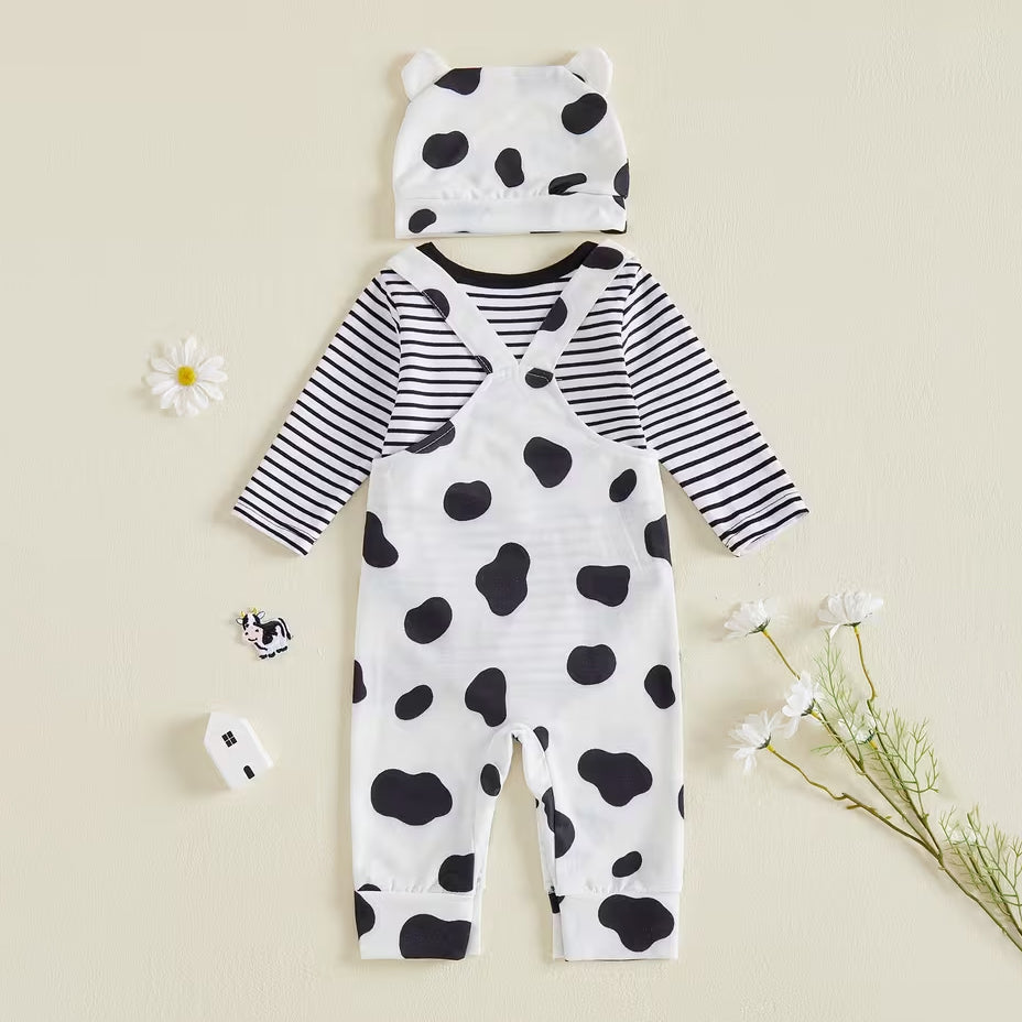 3PCS Cute Cow Applique Stripe Print Long Sleeve Overalls Baby Set