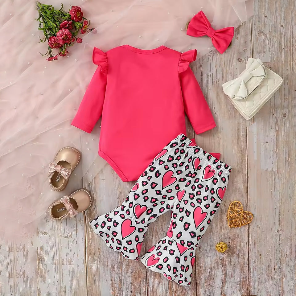 3PCS Mama's Girl Letter Heart Print Leopard Baby Set