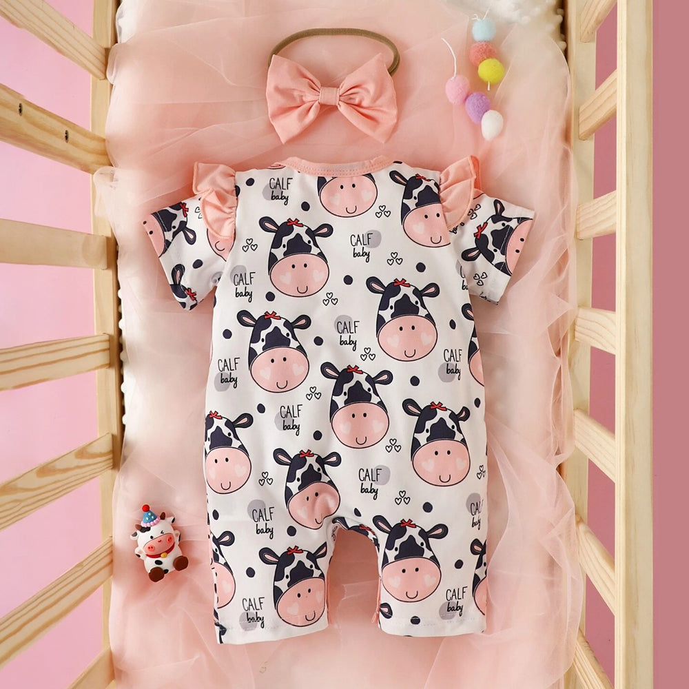 2PCS Calf Baby Letter and Cow Printed Short Sleeve Baby Jumpsuit