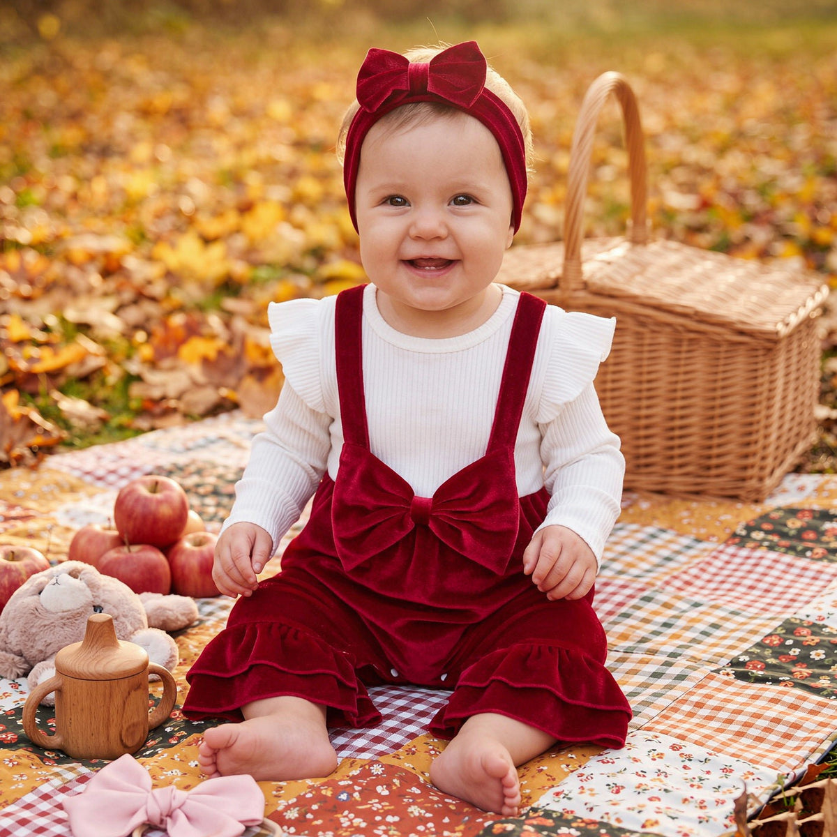 2PCS Charming Color Block Red Velvet Long Sleeve Baby Jumpsuit