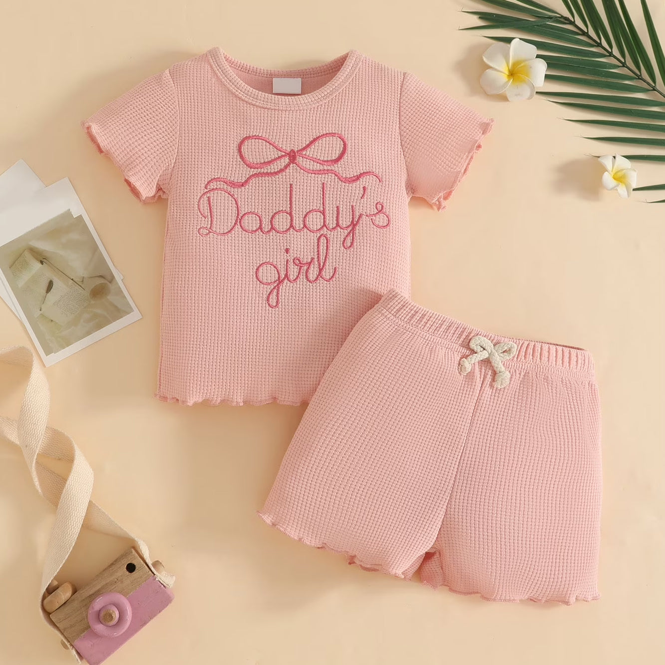 2PCS Mama's Girl Letter Embroidery Short Sleeve Baby Set