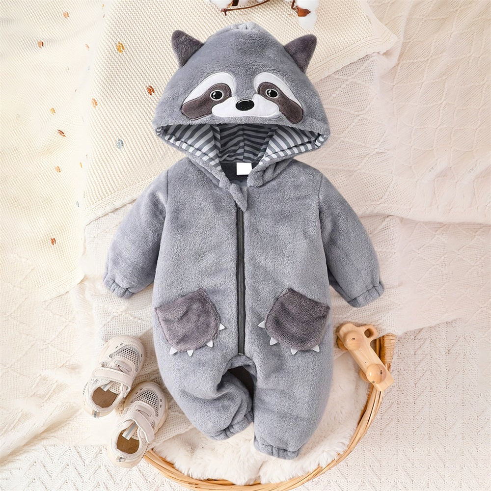 Cute Plush Raccoon Print Long Sleeve Hooded Baby Jumpsuit