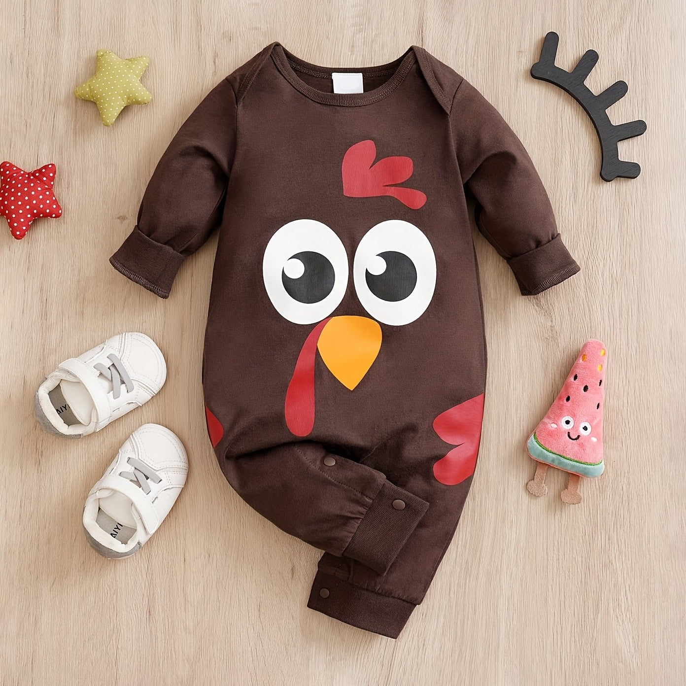 Casual Thanksgiving Turkey Printed Long Sleeve Baby Jumpsuit