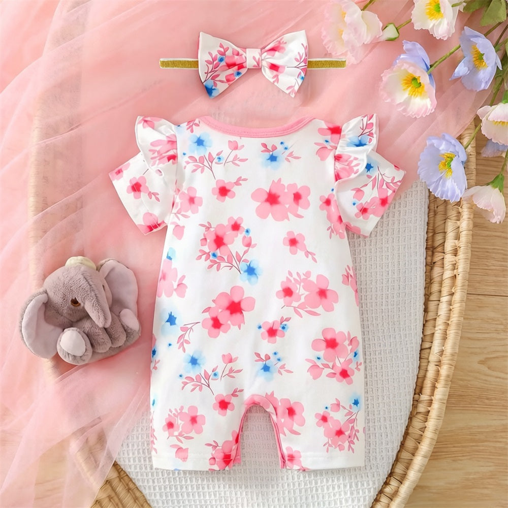 2PCS Lovely Floral Elephant Printed Short Sleeve Baby Jumpsuit