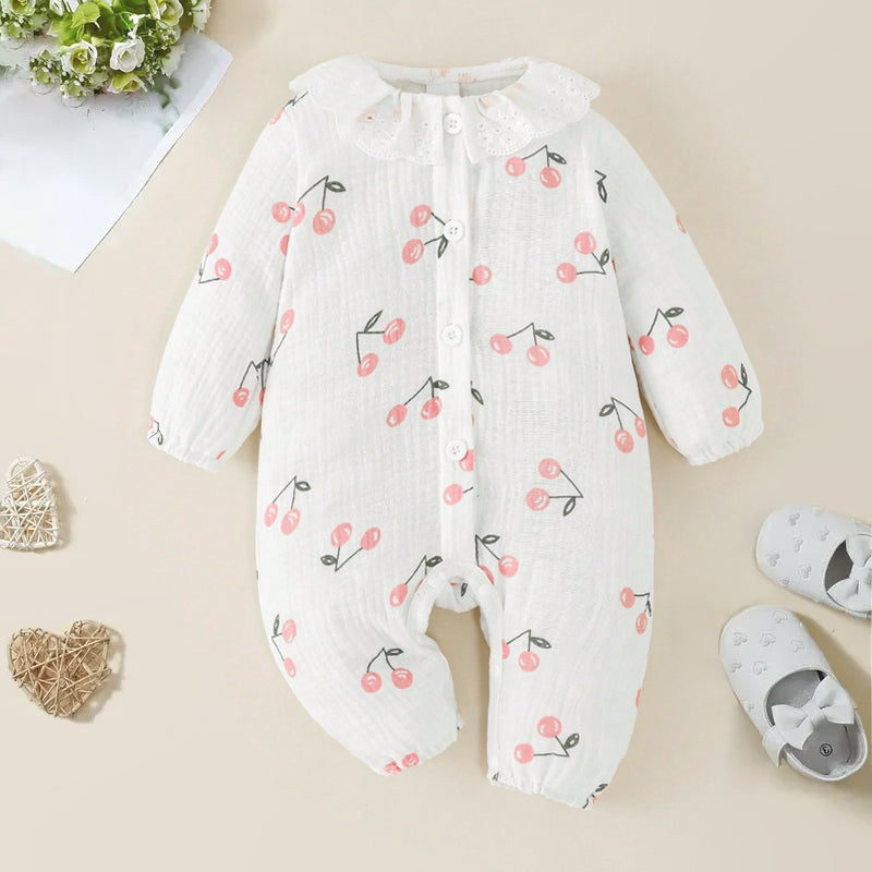 Cute Cherry Print Lace Collar Long Sleeve Baby Jumpsuit