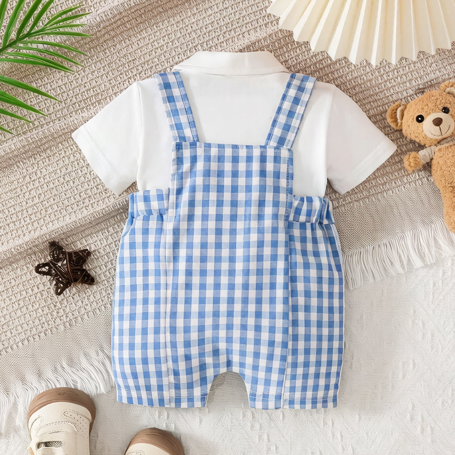 2PCS Bear Appliqué Plaid Print Short Sleeve Overalls Baby Set
