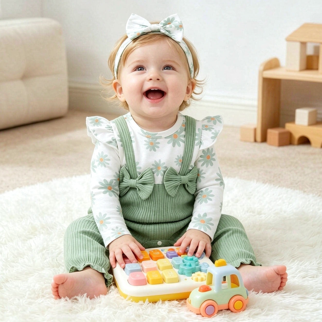 2PCS Fresh Daisy Print Long Sleeve Baby Girl Jumpsuit