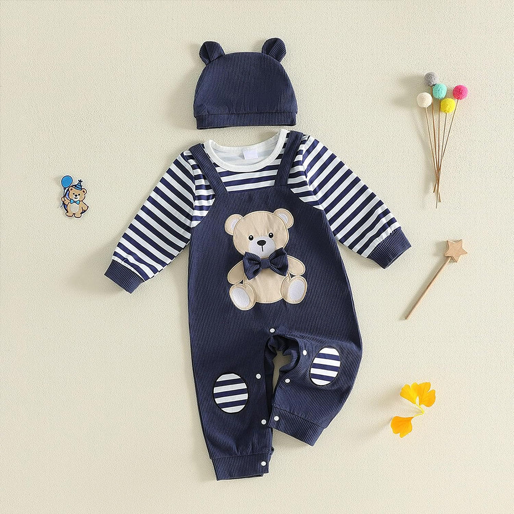 2PCS Adorable Bear Stripe Print Bow Baby Jumpsuit