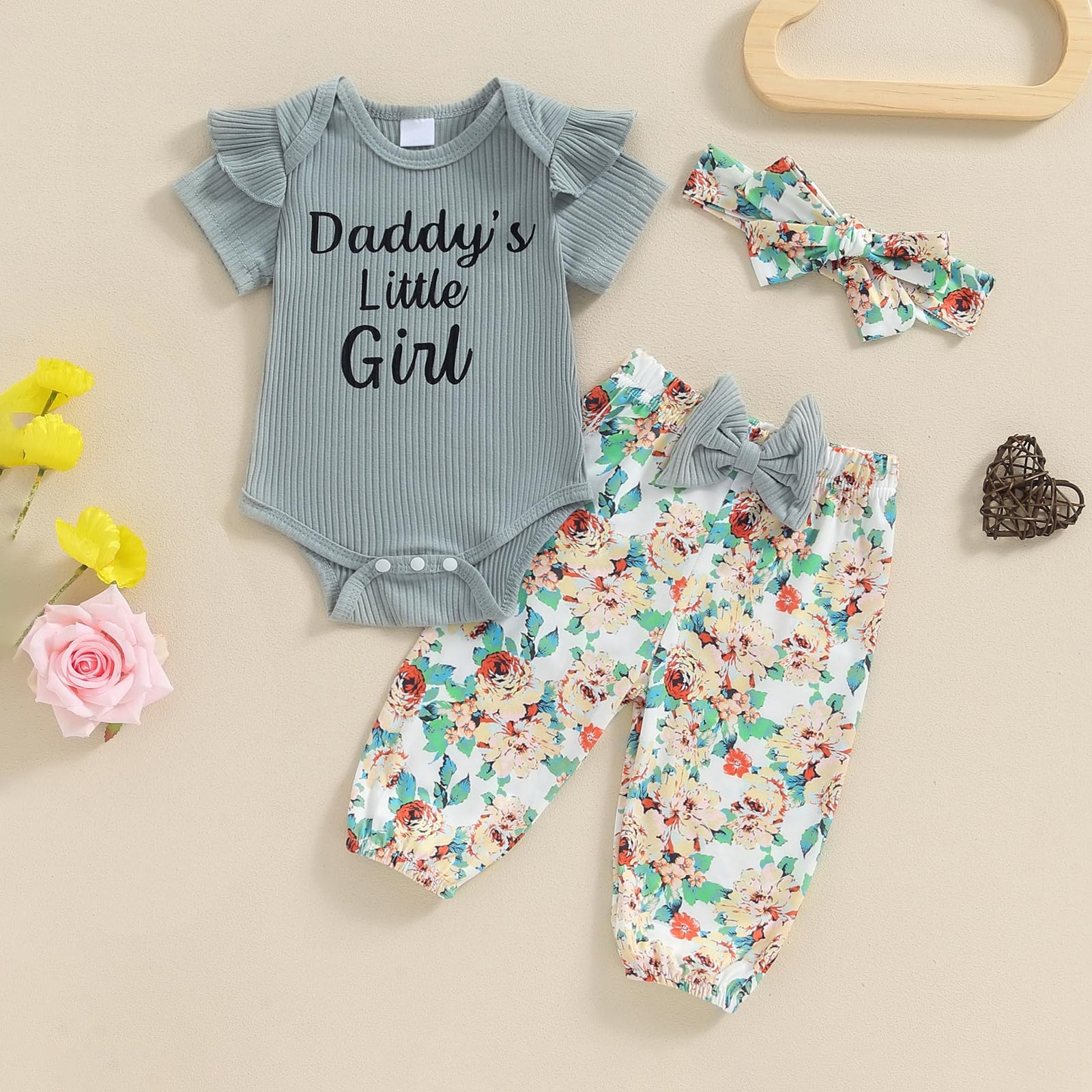 3PCS Daddy's Little Girl Letter Floral Printed Short Sleeve Baby Set