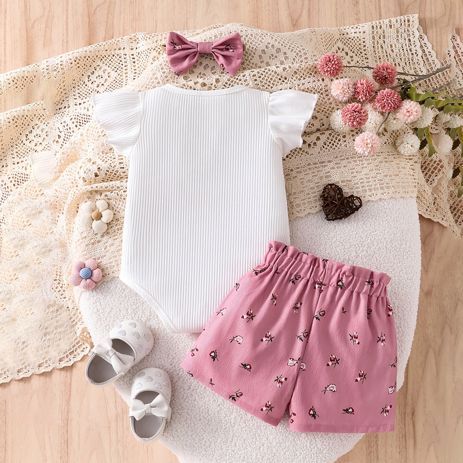 3PCS Sweet Ditsy Floral Print Flutter Sleeve Baby Girl Set