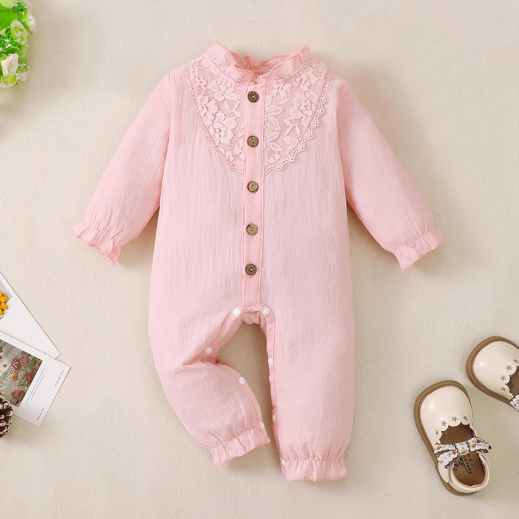 Comfy Solid Color Long Sleeve Lace Baby Jumpsuit