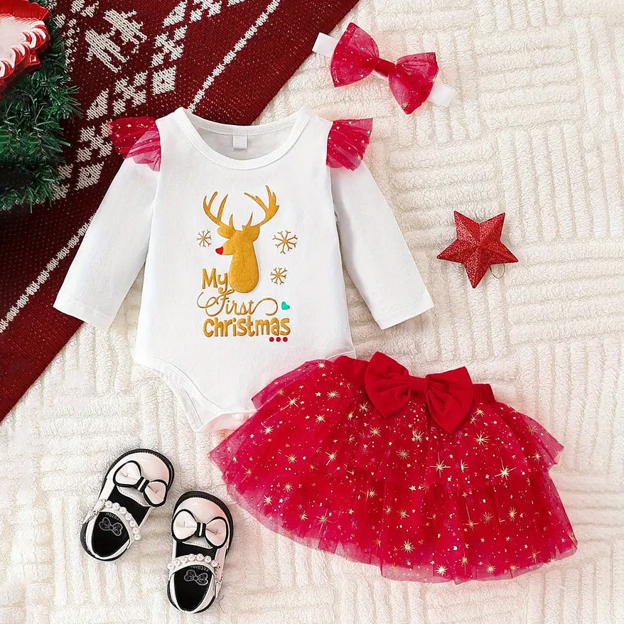 3PCS My First Christmas Letter Elk Printed Long Sleeve Baby Set