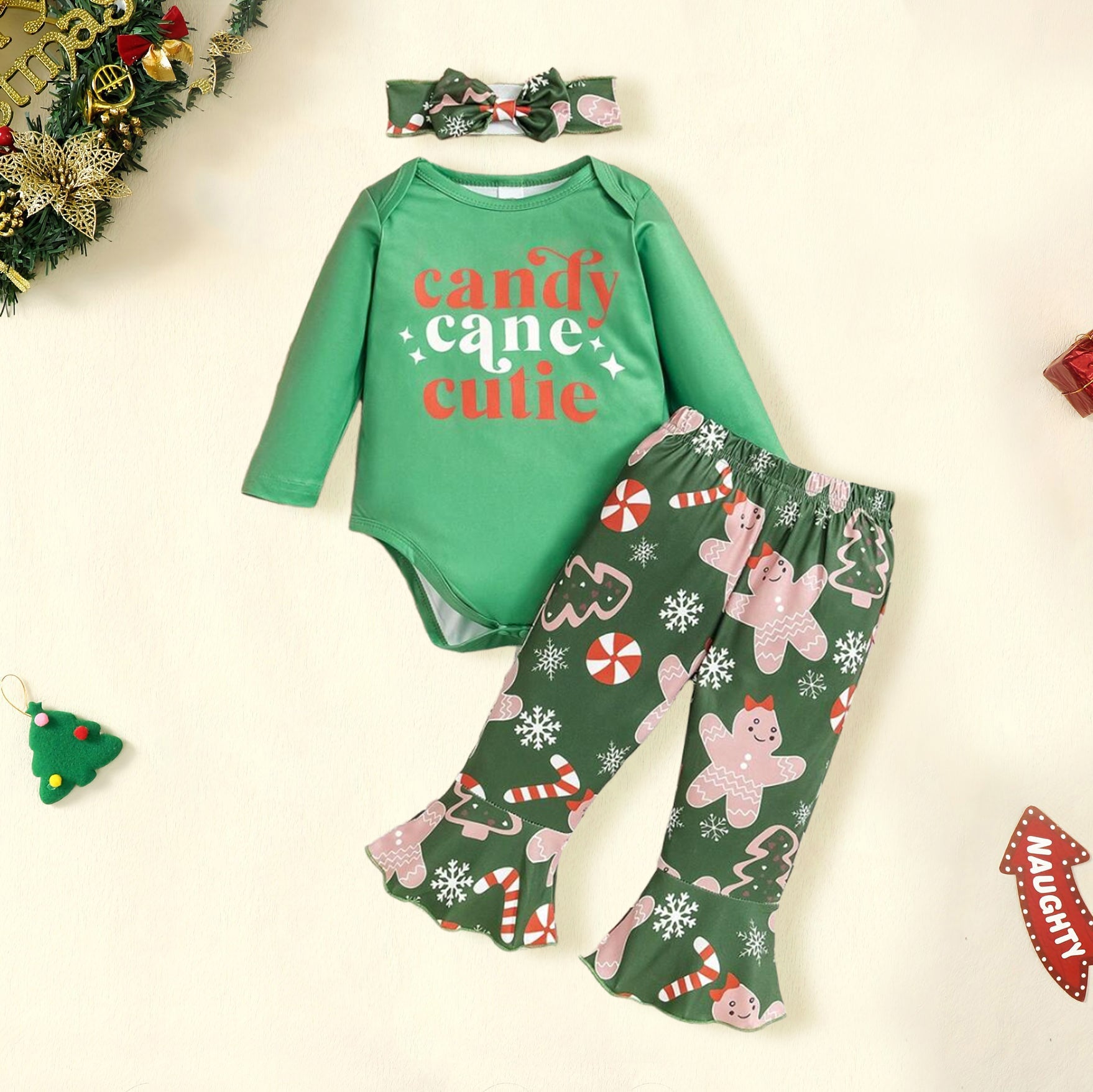 3PCS Candy Cane Cutie Letter Christmas Gingerbread Printed Baby Set