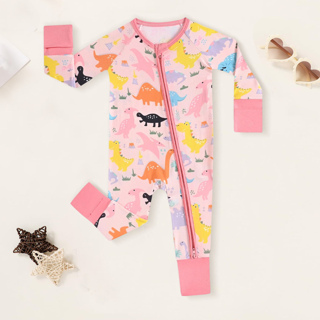 Cute Dinosaur Printed Zipper Bamboo Viscose Baby Jumpsuit