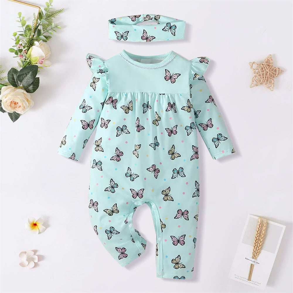 2PCS Comfy Butterfly Print Long Sleeve Baby Jumpsuit
