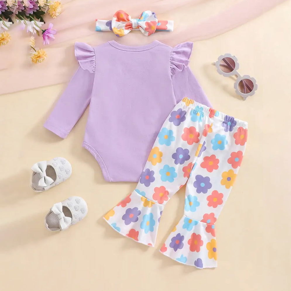 3PCS Little Sister Letter Floral Printed Long Sleeve Baby Set