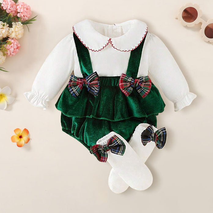 2PCS Christmas Solid Color Plaid Printed Velvet Baby Romper