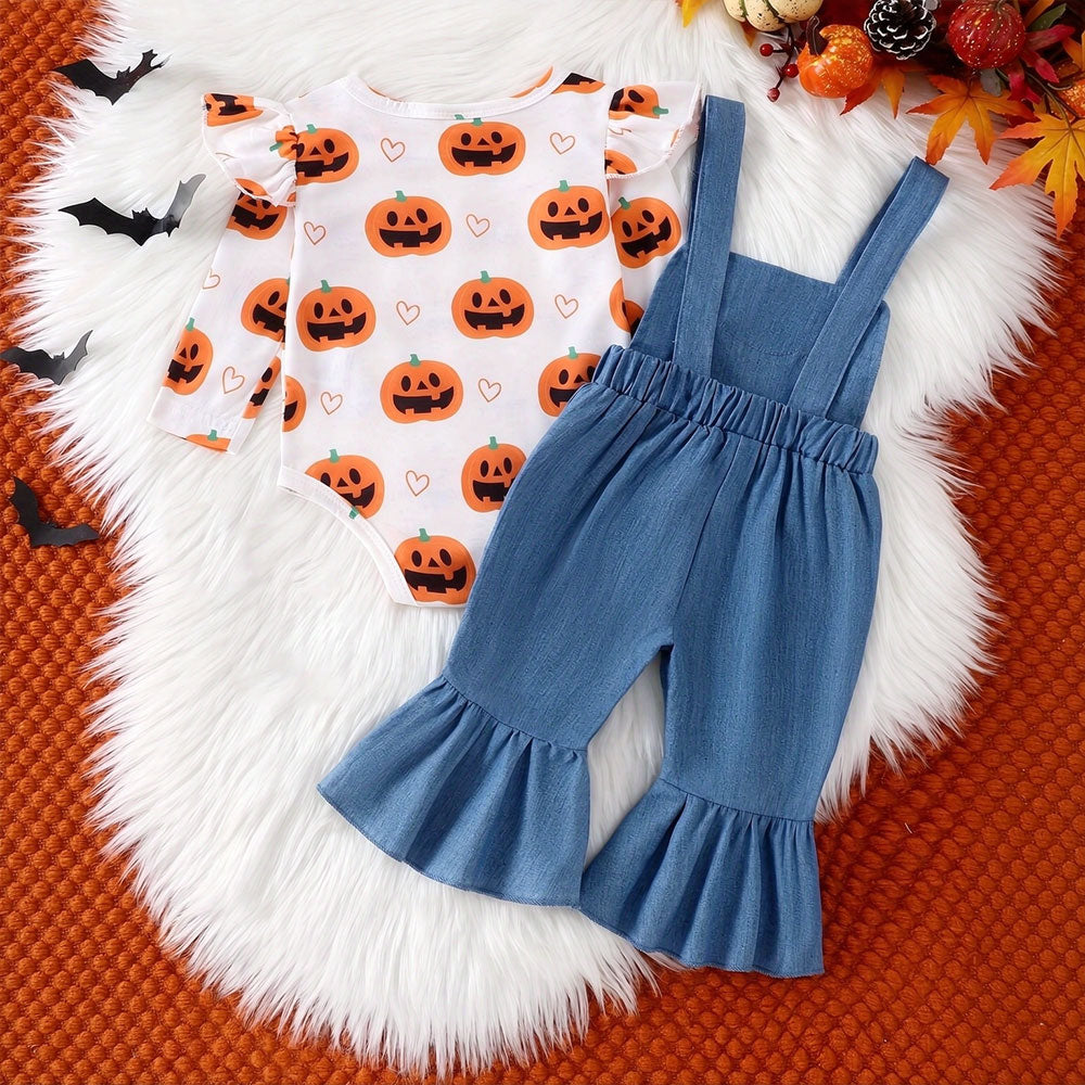 2PCS Halloween Bear Embroidery Pumpkin Printed Overalls Baby Set