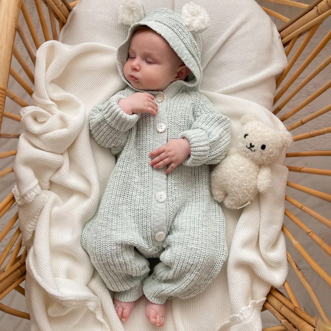 Cozy Solid Color 3D Ear Knit Hooded Long Sleeve Baby Jumpsuit