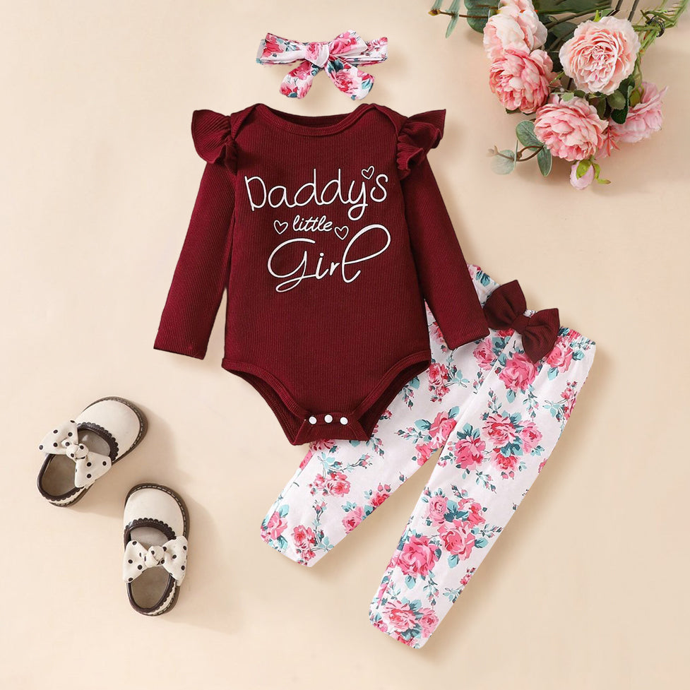 3PCS Daddy's Girl Letter Floral Printed Long Sleeve Baby Set