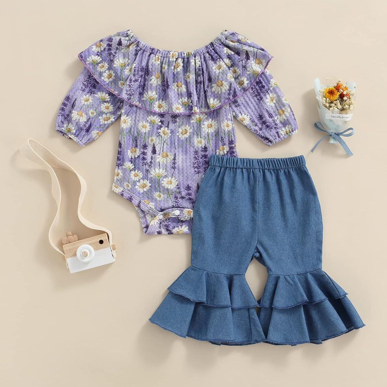 2PCS Radiant Daisy Printed Long Sleeve Baby Set