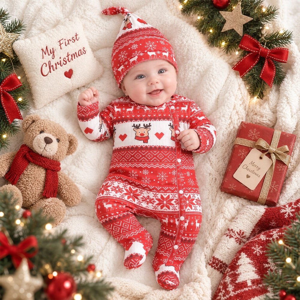 2PCS Cute Reindeer Snowflake Print Long Sleeve Baby Jumpsuit