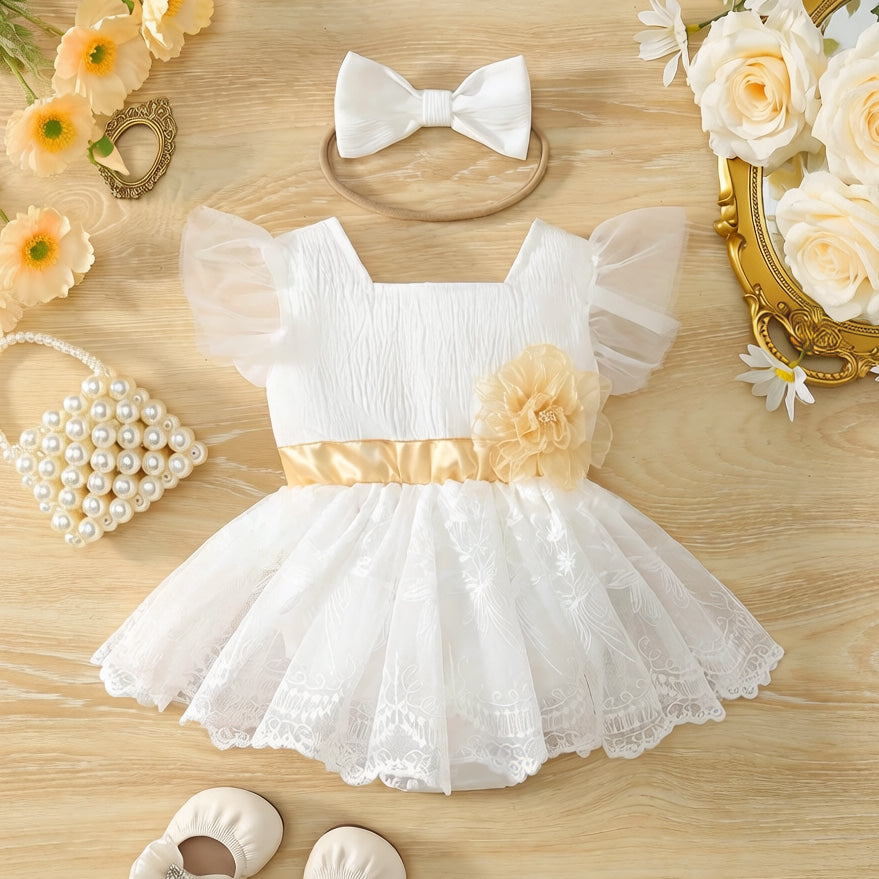 2PCS Gorgeous Solid Color Floral Embroidery Baby Romper