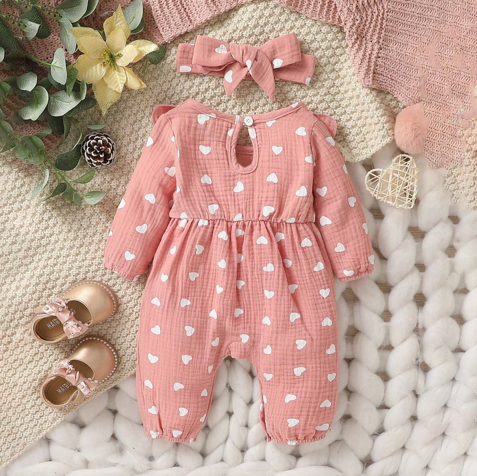 2PCS Heart Printed Bowknot Decor Long Sleeve Baby Jumpsuit