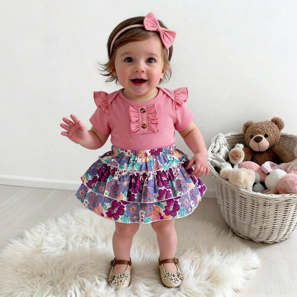 3PCS Vibrant Floral Print Short Sleeve Baby Girl Set