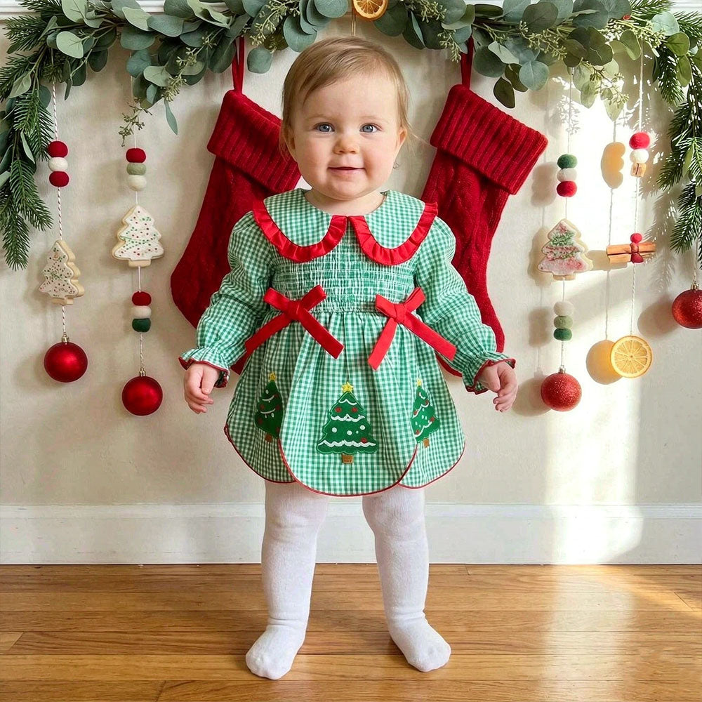 Lovely Christmas Santa Claus Plaid Printed Long Sleeve Baby Romper